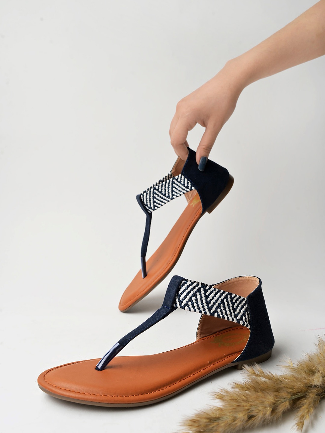 

Shoetopia Woven Design T-Strap Flats, Navy blue