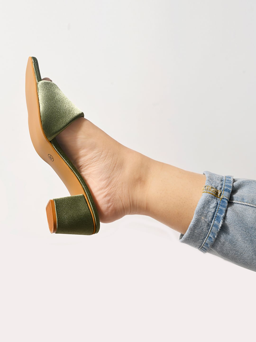 

Shoetopia Open Toe Textured Suede Block Heels, Green