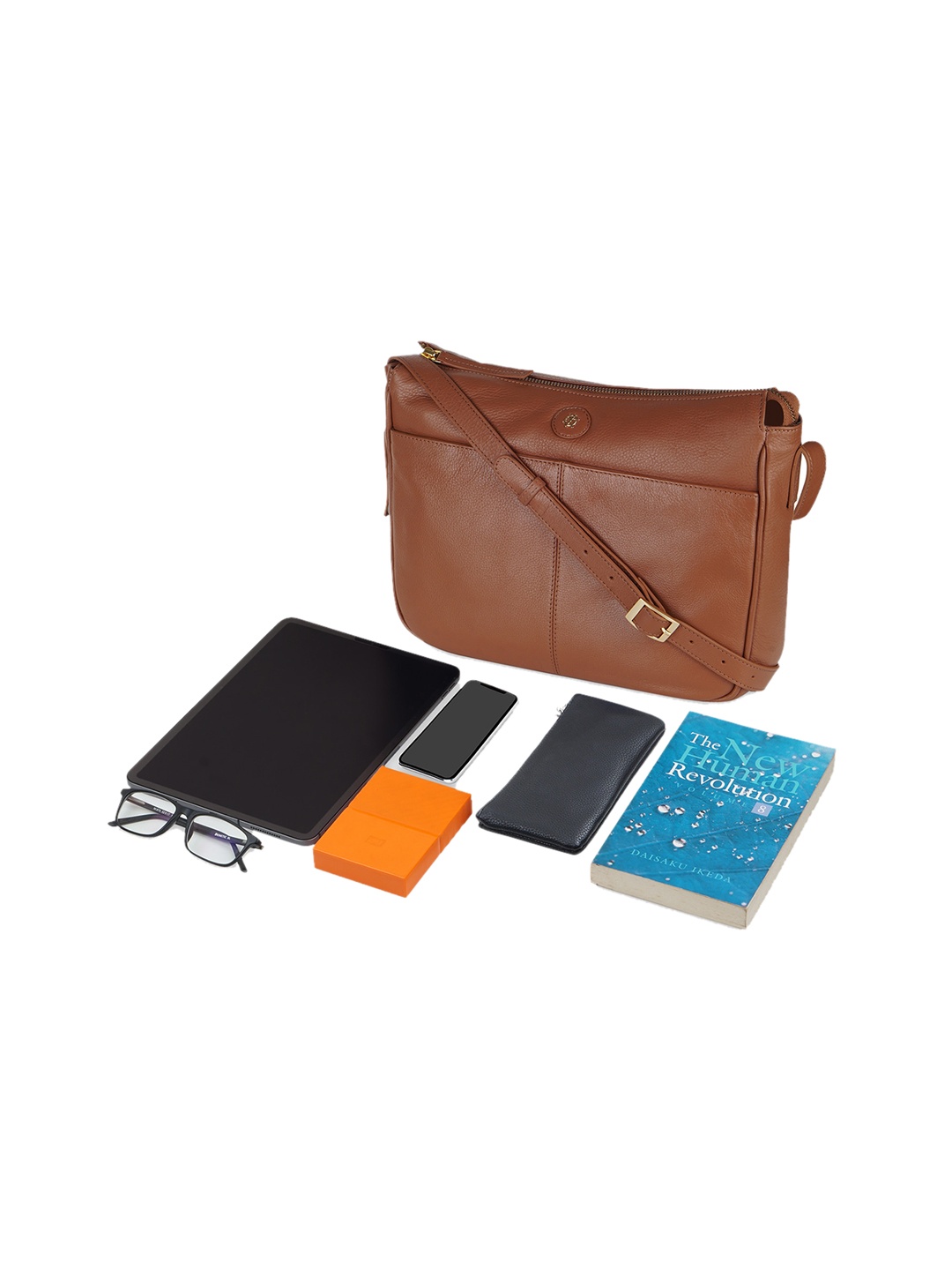 

Tortoise Leather Structured Sling Bag, Tan