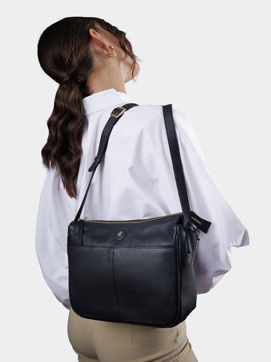 

Tortoise Pollard Leather Structured Sling Bag, Black
