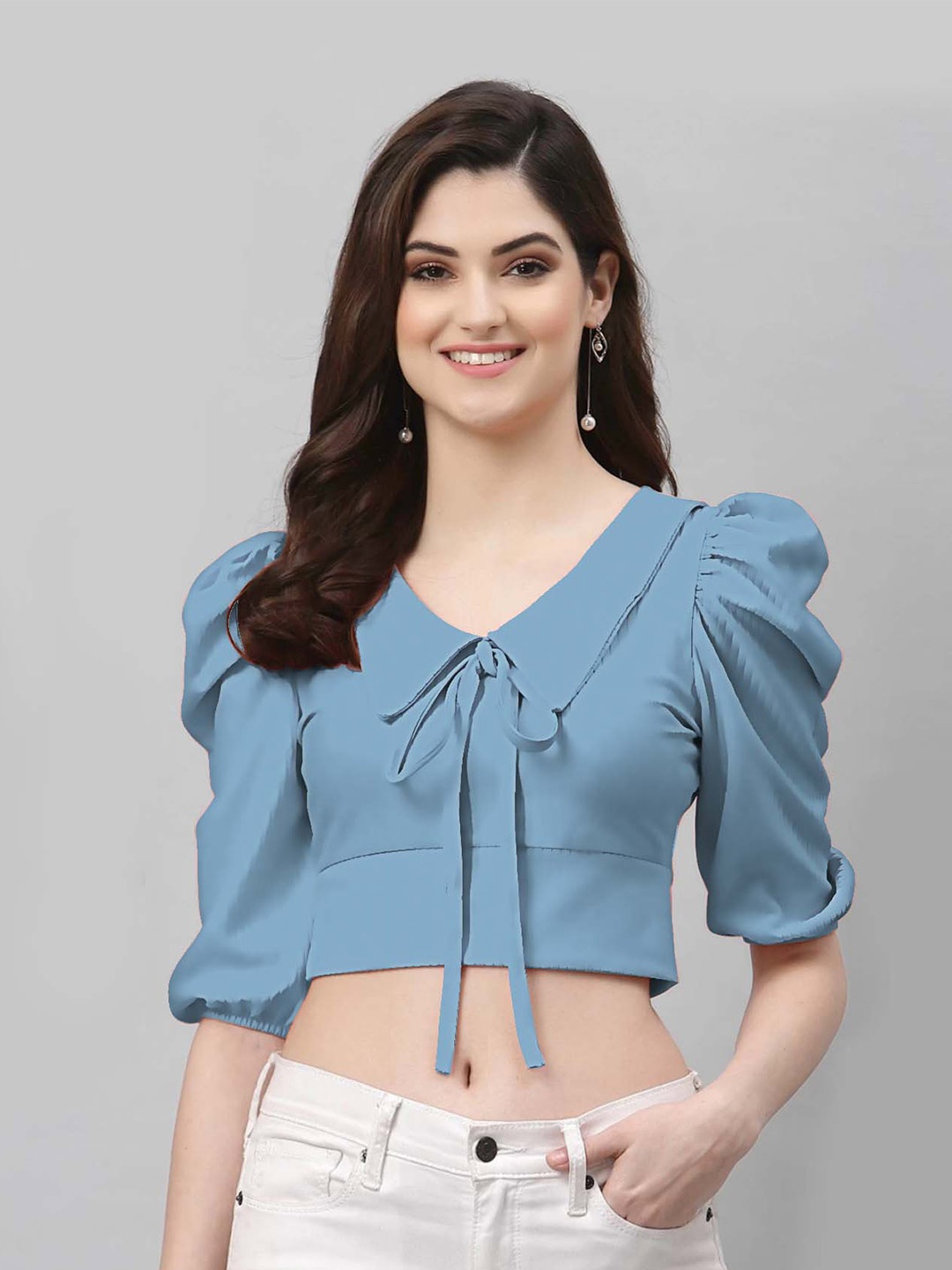 

RAJOVATI Tie-Up Neck Puff Sleeve Cotton Crop Top, Blue
