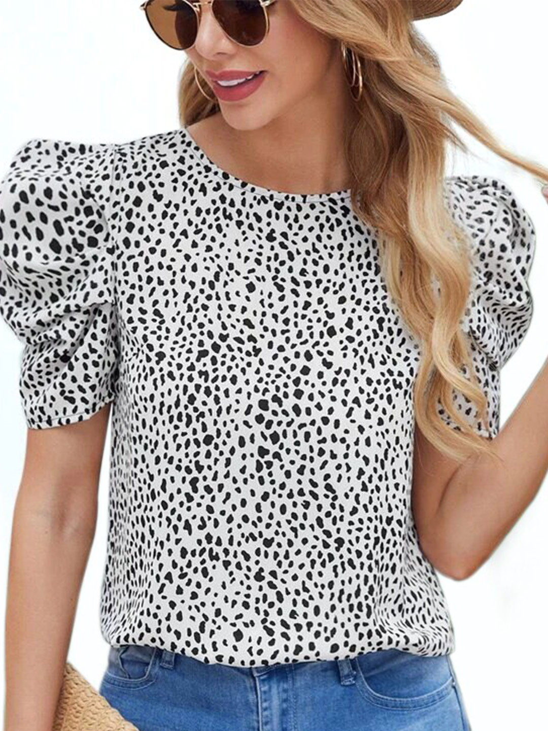 

RAJOVATI Animal Printed Puff Sleeves Cotton Top, White