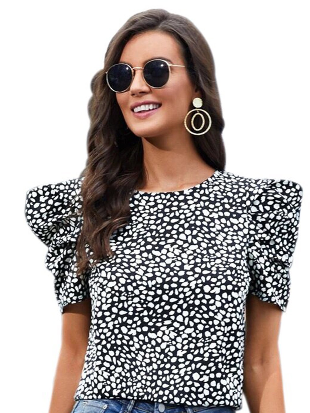 

RAJOVATI Polka Dots Printed Puffed Sleeves Cotton Top, Black