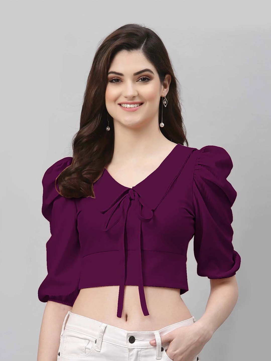 

RAJOVATI Tie-Ups Neck Puffed Sleeves Cotton Crop Top, Purple