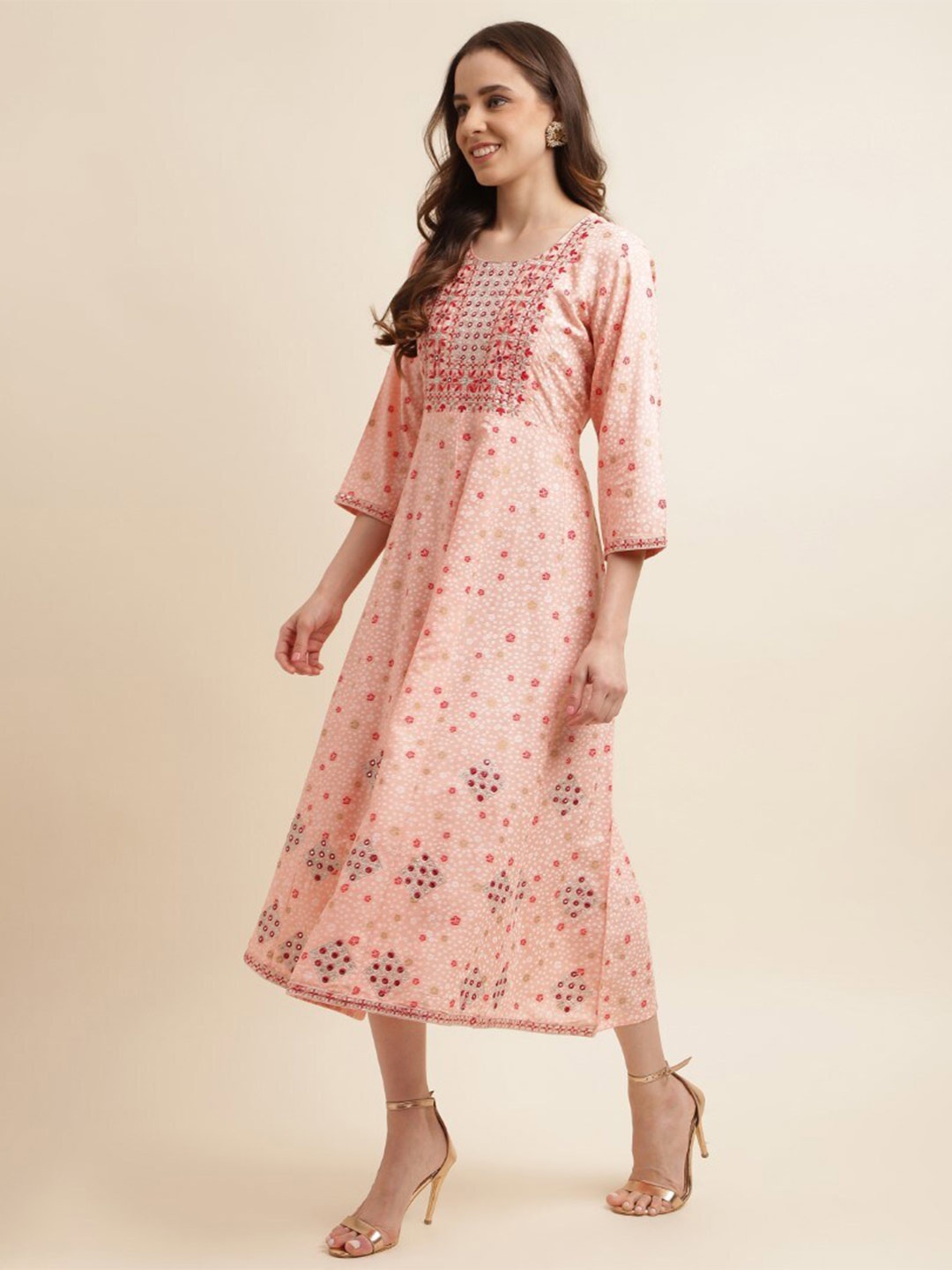 kasee Embroidered Cotton Mirror Work Ethnic Dress, Pink
