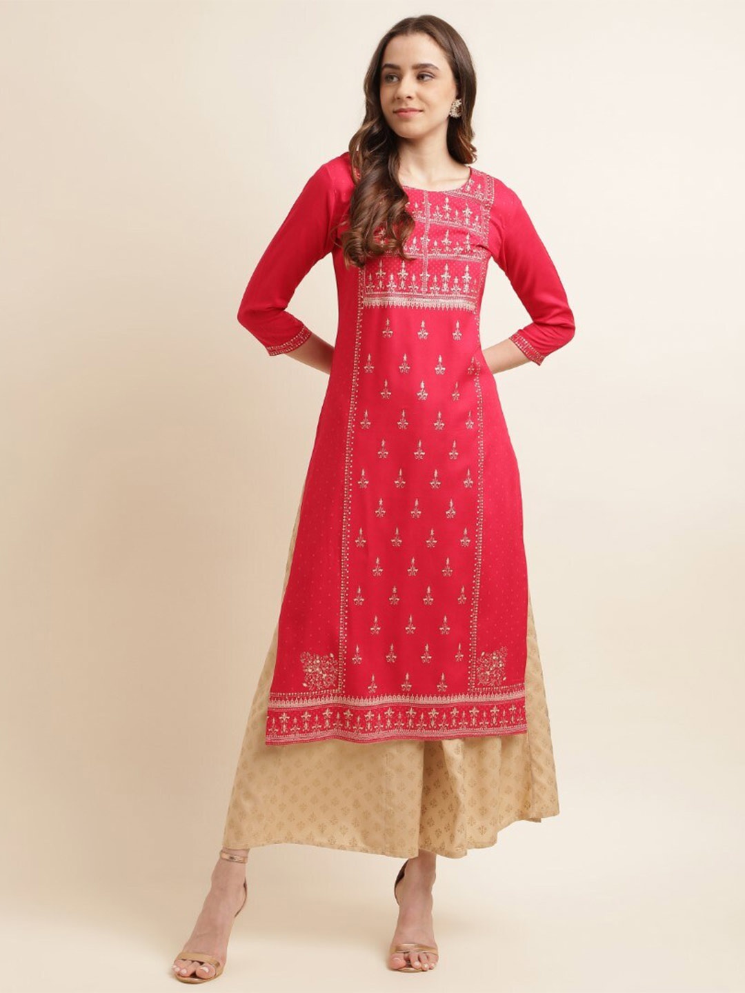 

kasee Ethnic Motifs Printed Round Neck Kurta, Pink