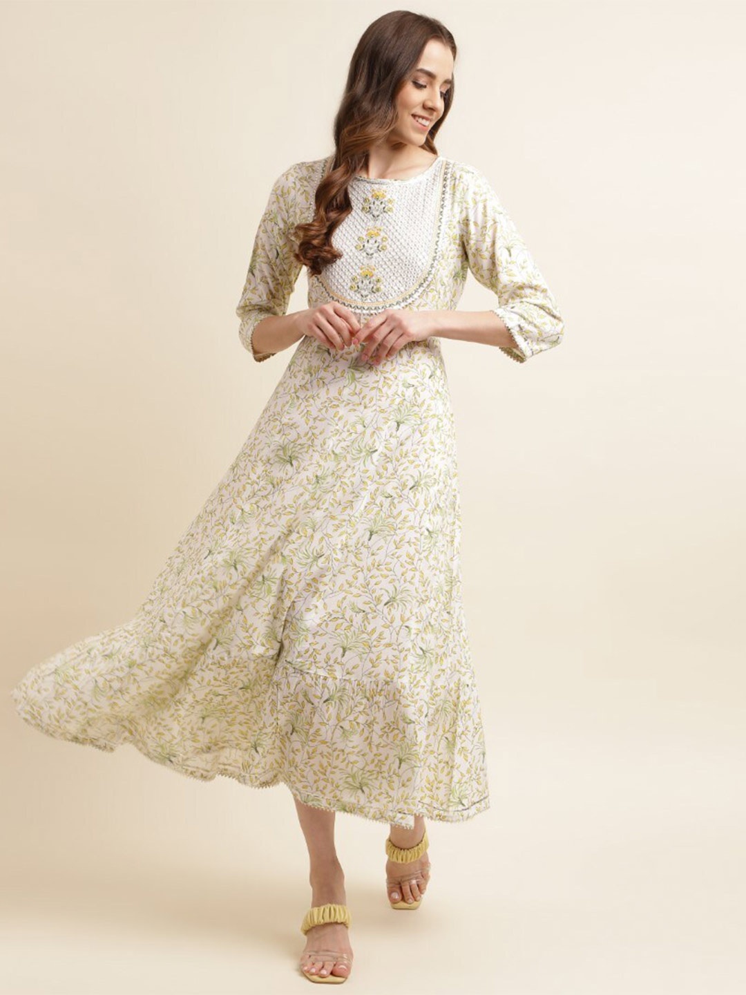 

kasee Floral Printed Cotton Fit & Flare Ethnic Dress, White