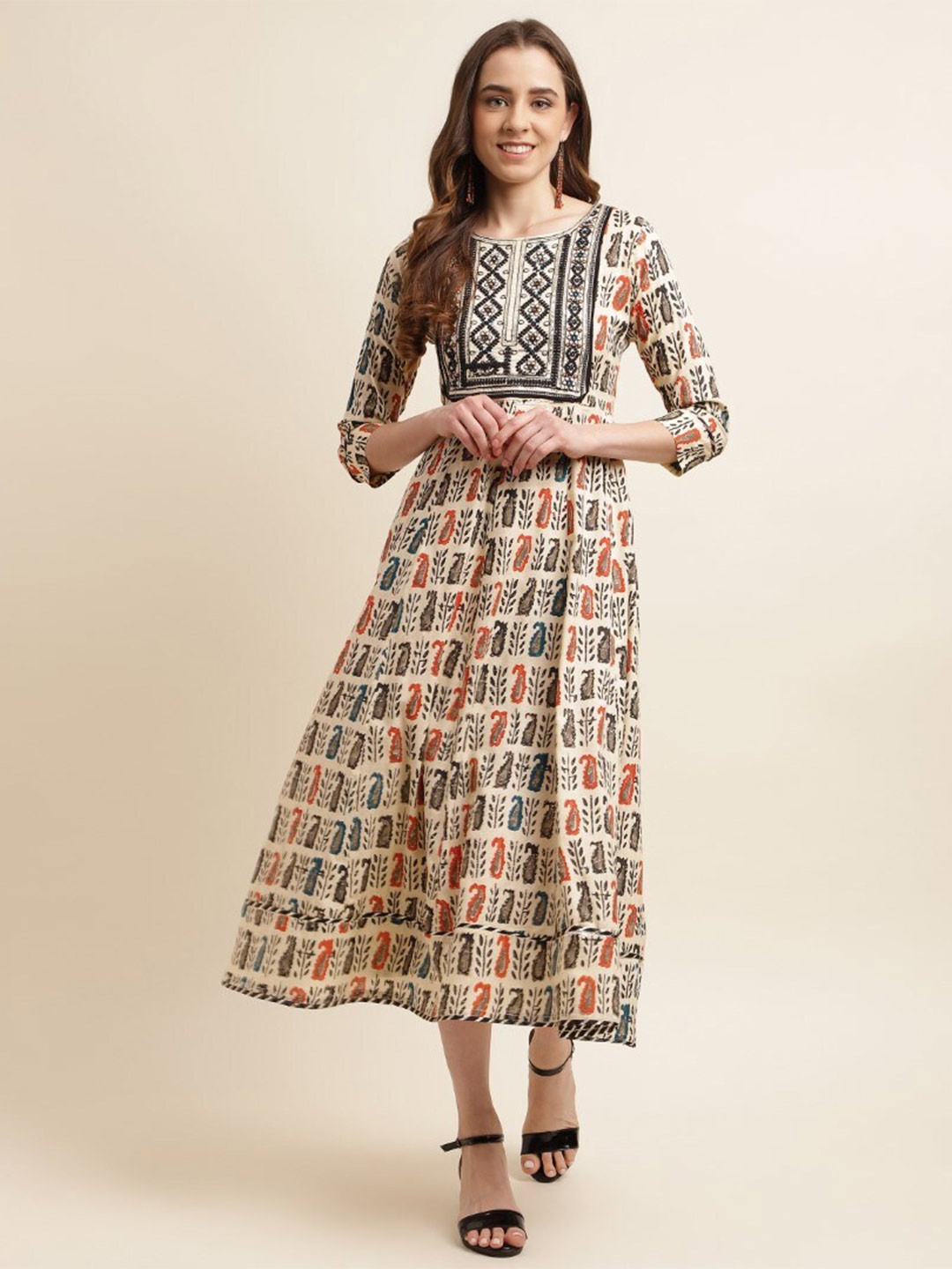 

kasee Paisley Printed A-Line Ethnic Dress, Beige