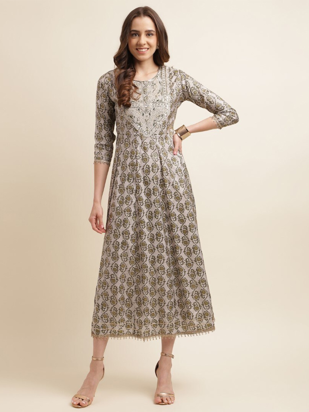 

kasee Ethnic Motifs Printed Sequined A-Line Midi Ethnic Dress, Taupe