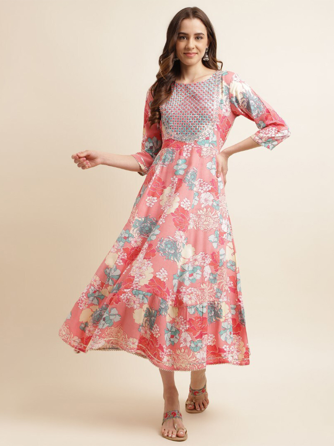 

kasee Floral Printed Enbroidered Detail Fit And Flare Ethnic Dress, Pink