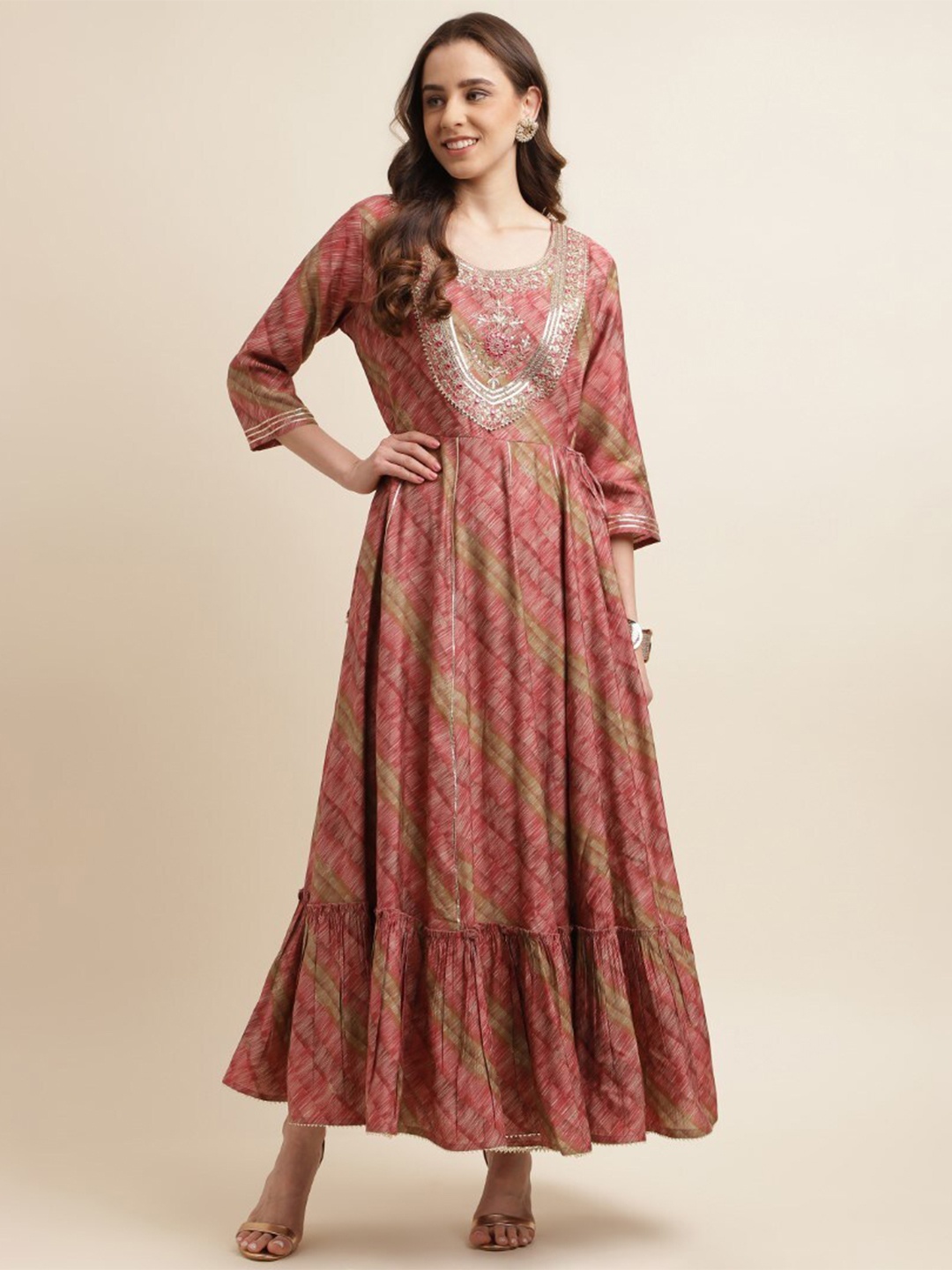 

kasee Abstract Printed Gotta Patti Flounce Fit & Flared Ethnic Dress, Peach