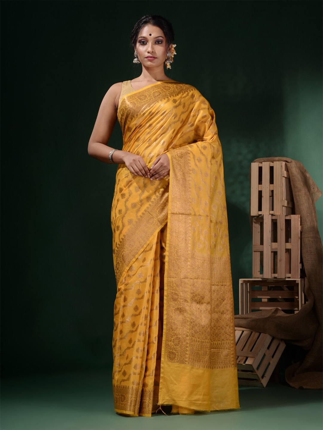 

Charukriti Ethnic Woven Design Zari Saree, Yellow