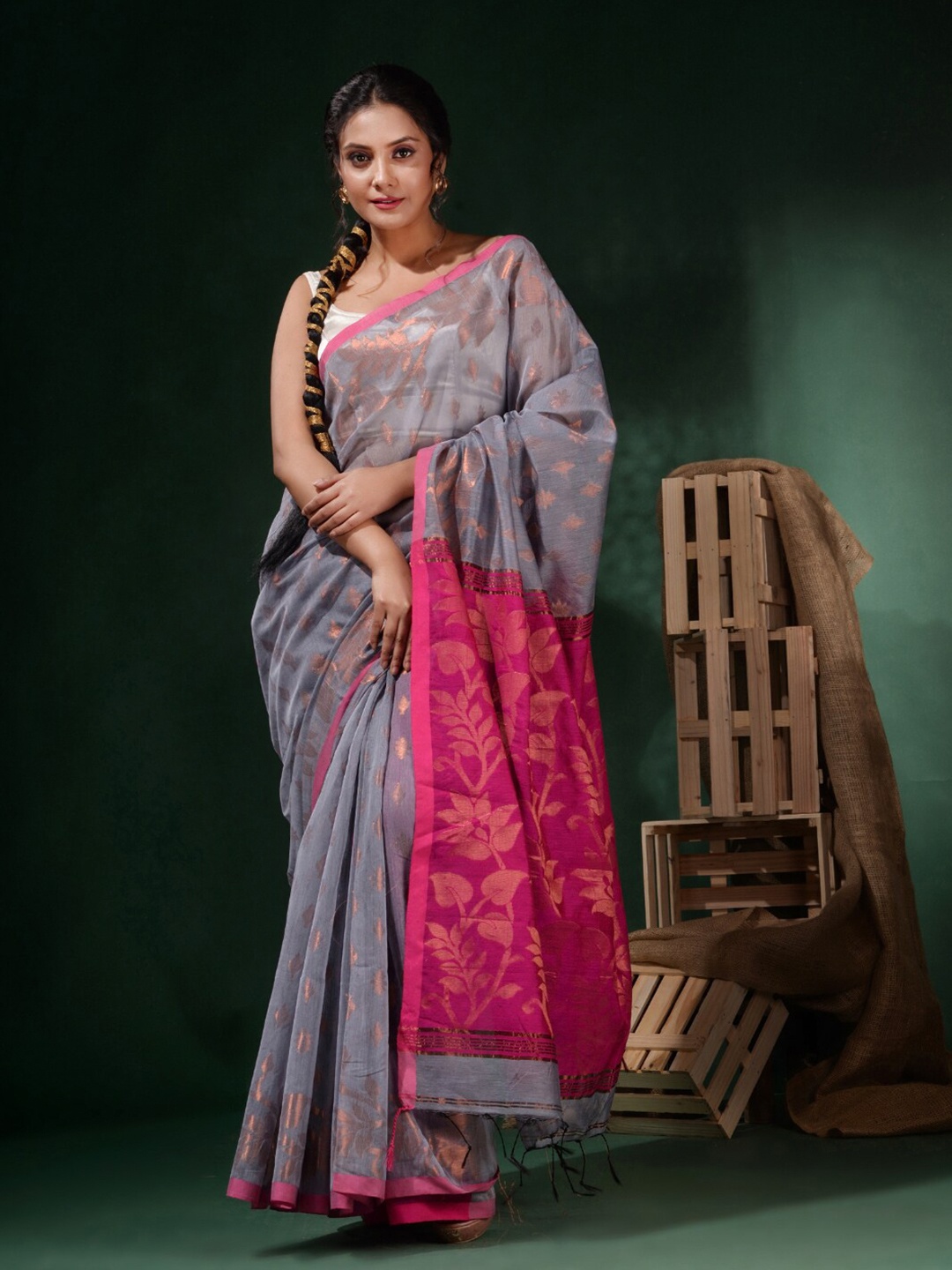 

Charukriti Ethnic Woven Design Zari Silk Cotton Saree, Grey