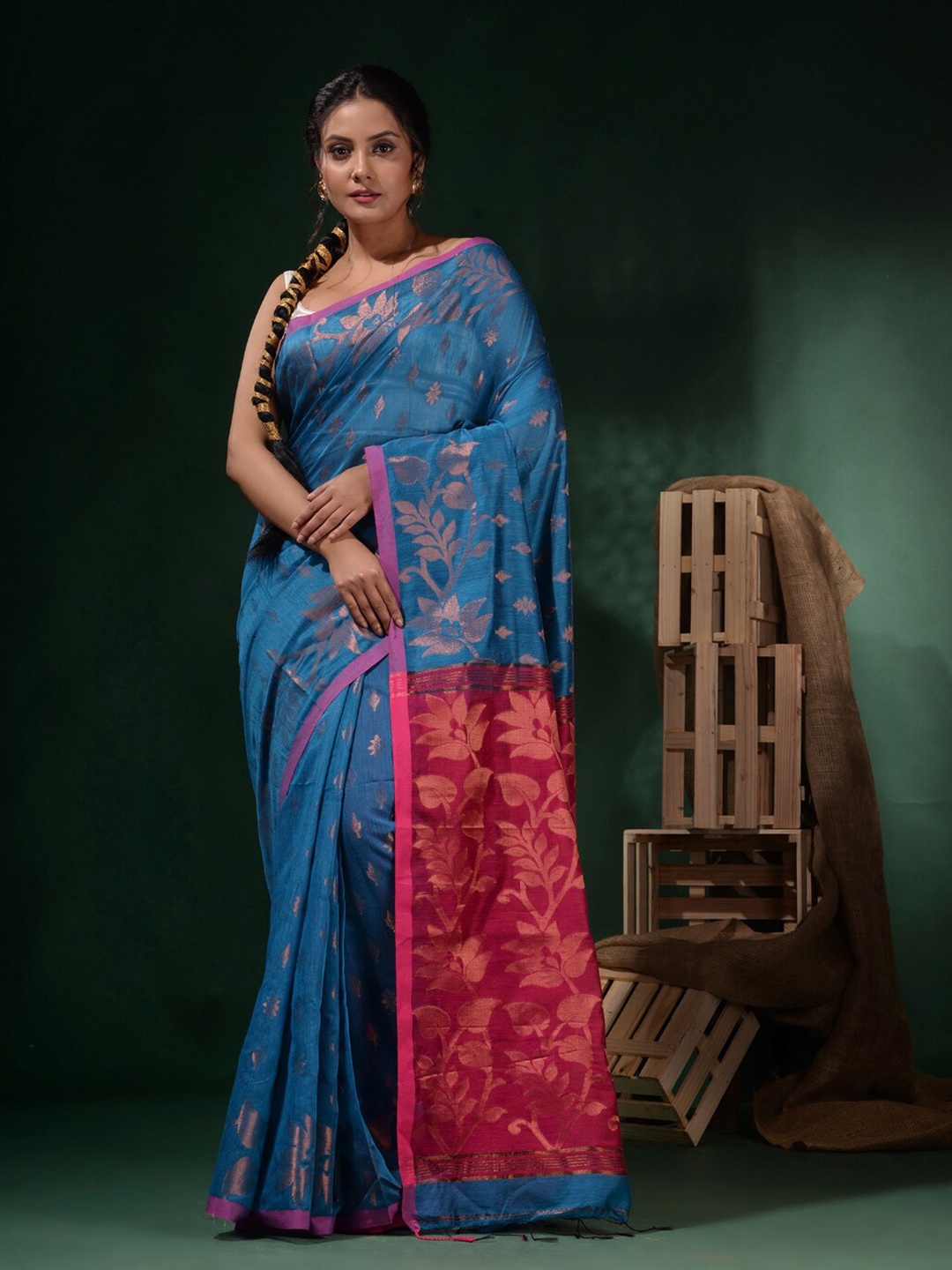 

Charukriti Ethnic Woven Design Zari Silk Cotton Saree, Blue