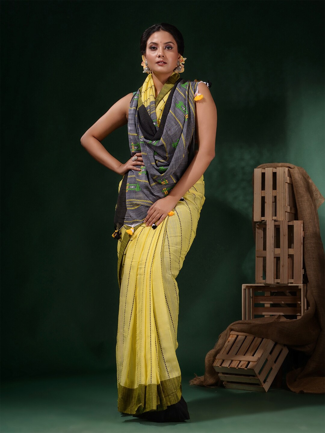 

Charukriti Striped Embroidered Pure Cotton Saree, Yellow