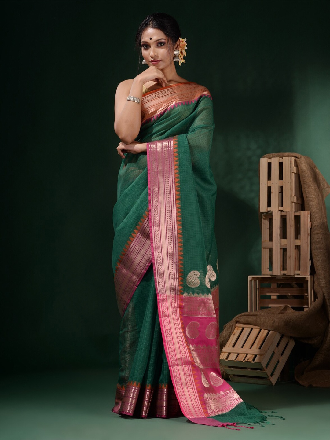 

Charukriti Checked Zari Kota Saree, Green