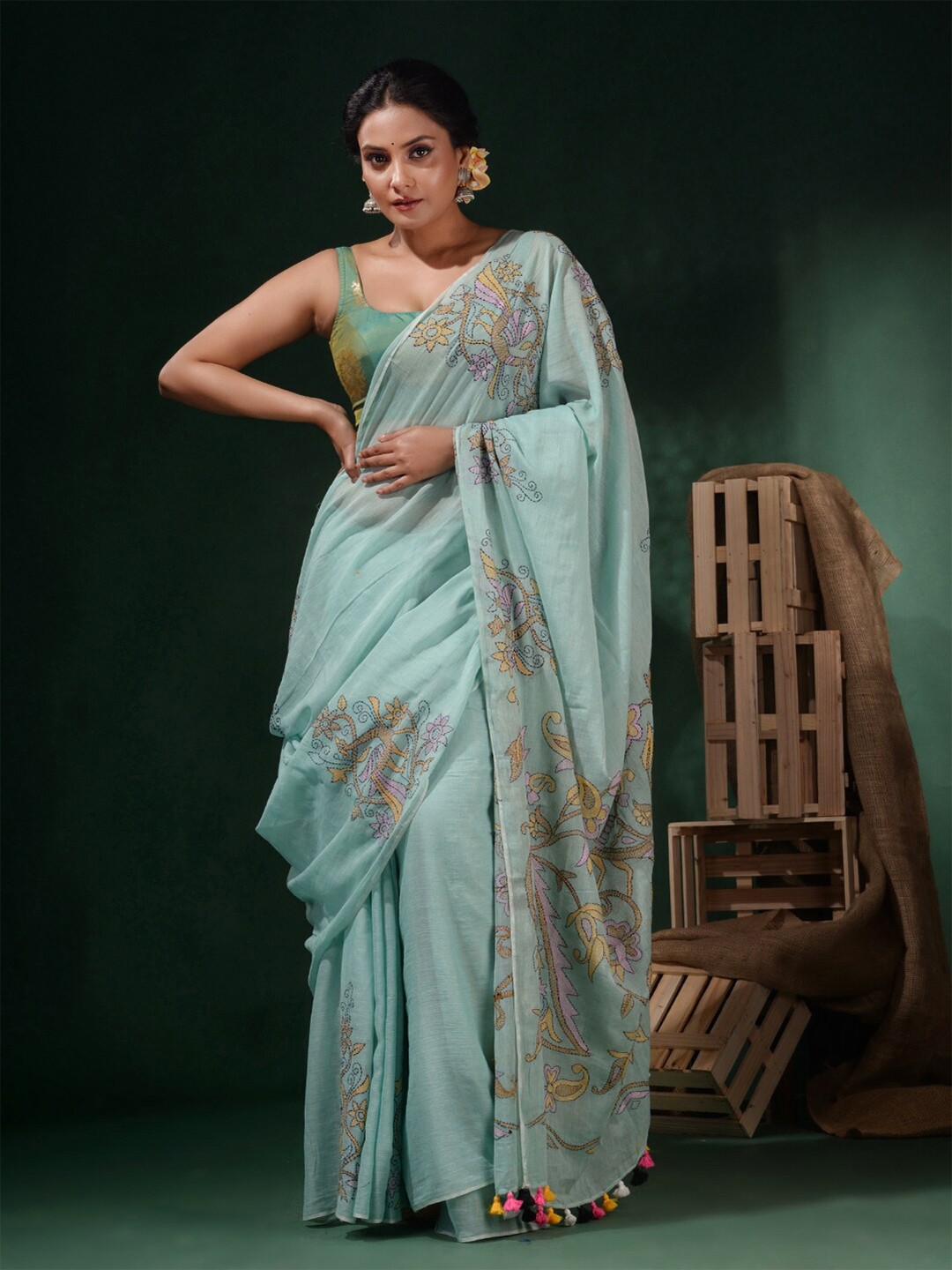 

Charukriti Ethnic Kantha Work Embroidered Pure Cotton Saree, Sea green
