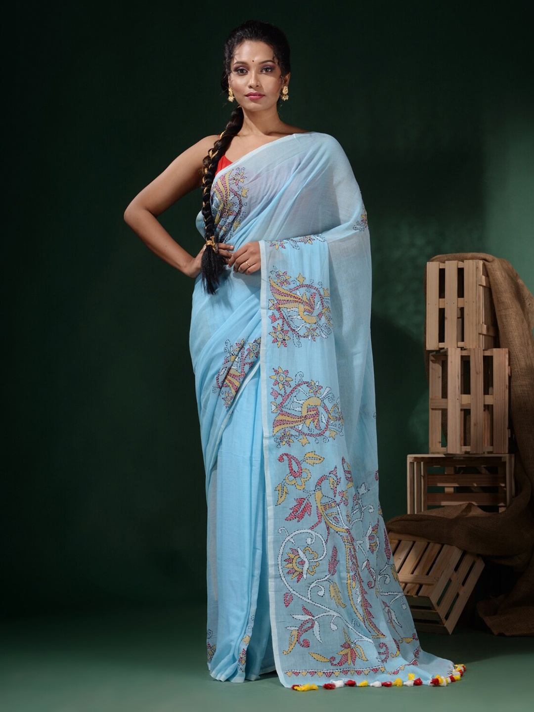 

Charukriti Ethnic Kantha Work Embroidered Pure Cotton Saree, Blue