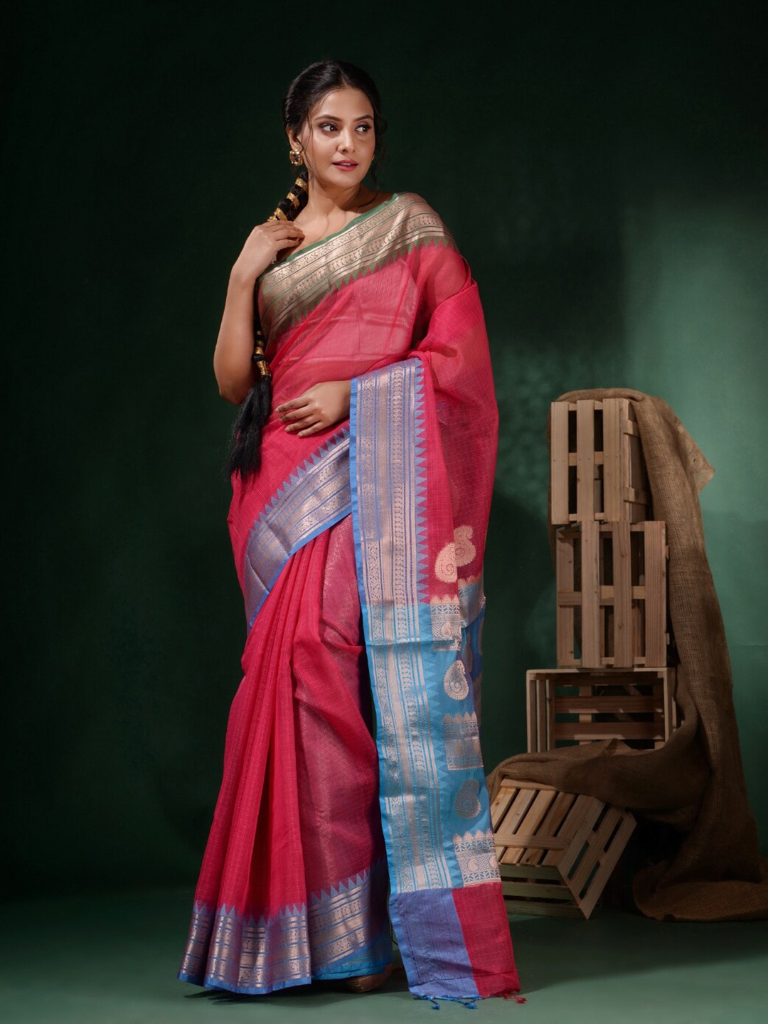 

Charukriti Zari Resham Kota Saree, Pink