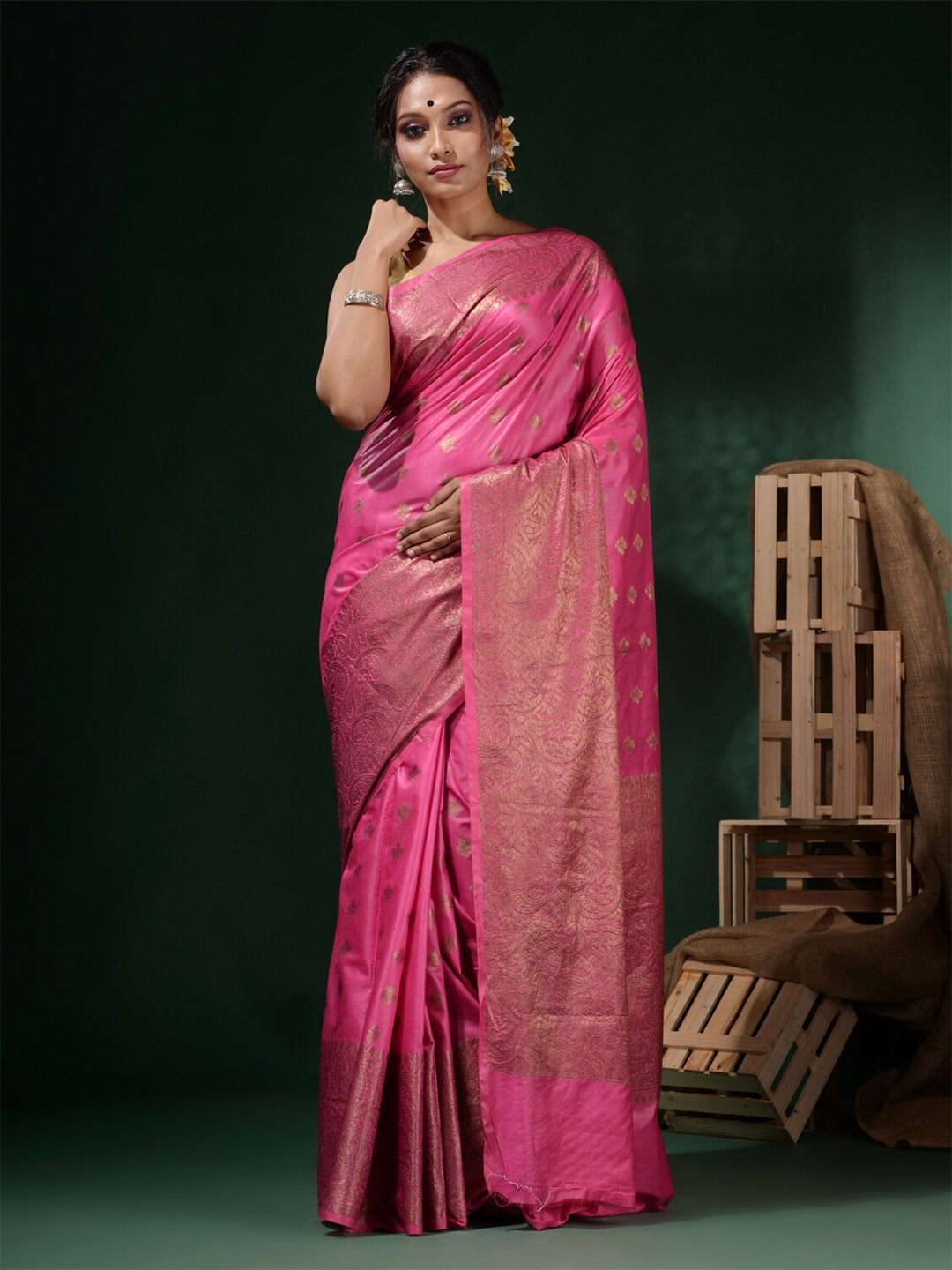 

Charukriti Ethnic Motifs Woven Design Zari Silk Blend Saree, Pink