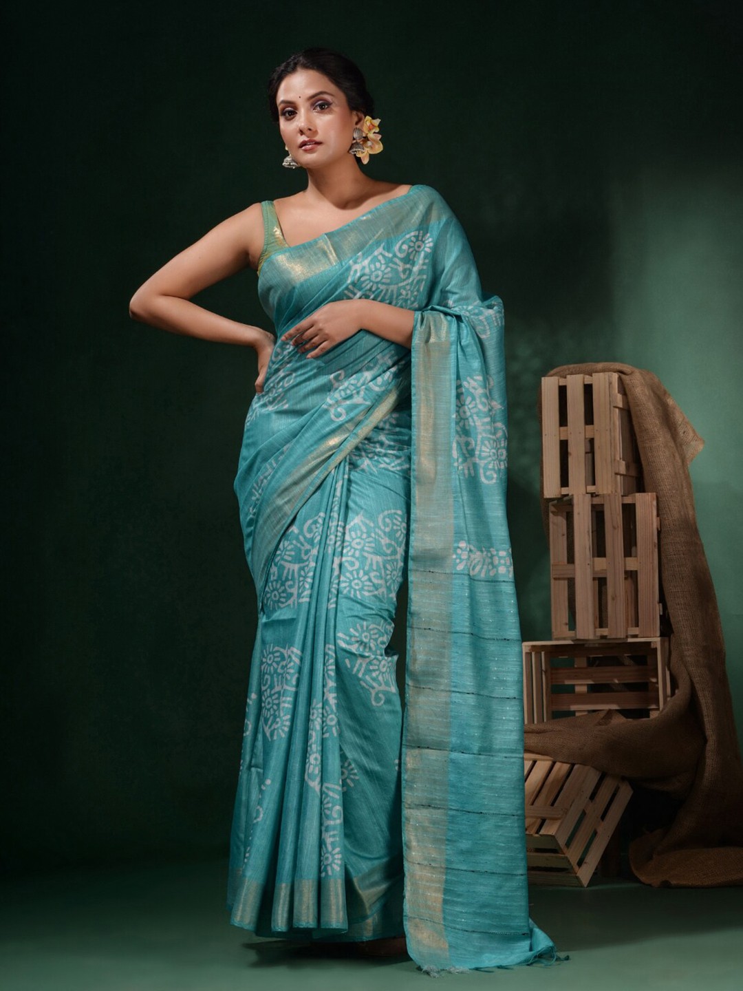 

Charukriti Batik Printed Saree, Sea green