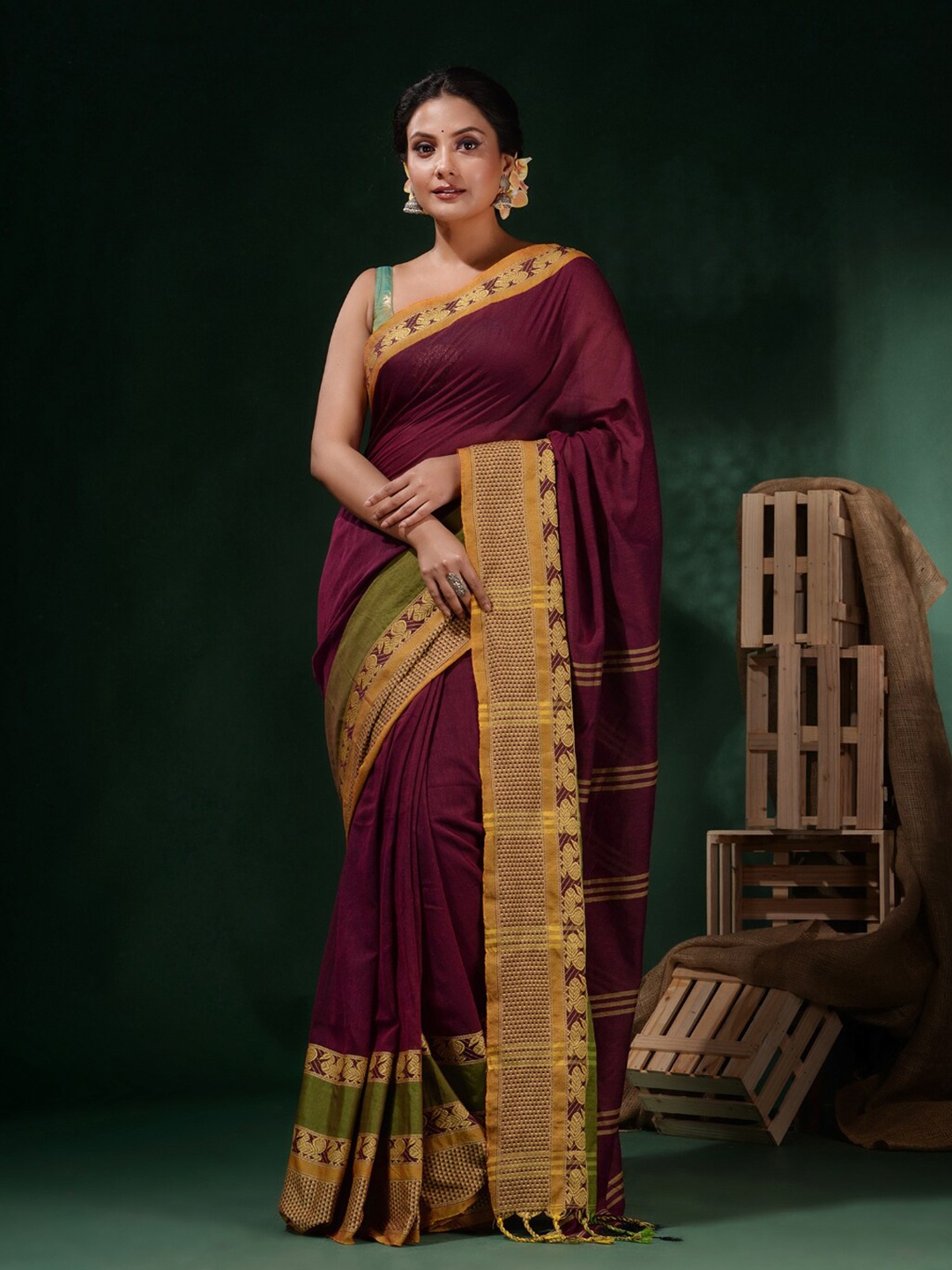 

Charukriti Ethnic Motifs Woven Design Border Zari Pure Cotton Saree, Maroon