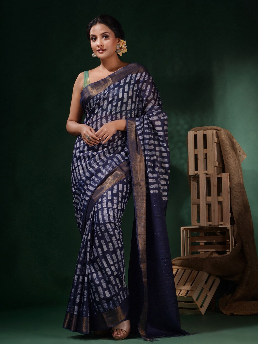 

Charukriti Block Printed Zari Silk Blend Saree, Navy blue