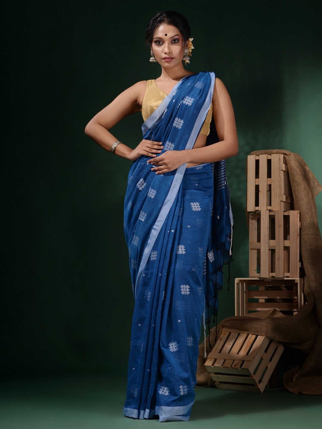 

Charukriti Geometric Woven Design Pure Cotton Saree, Blue