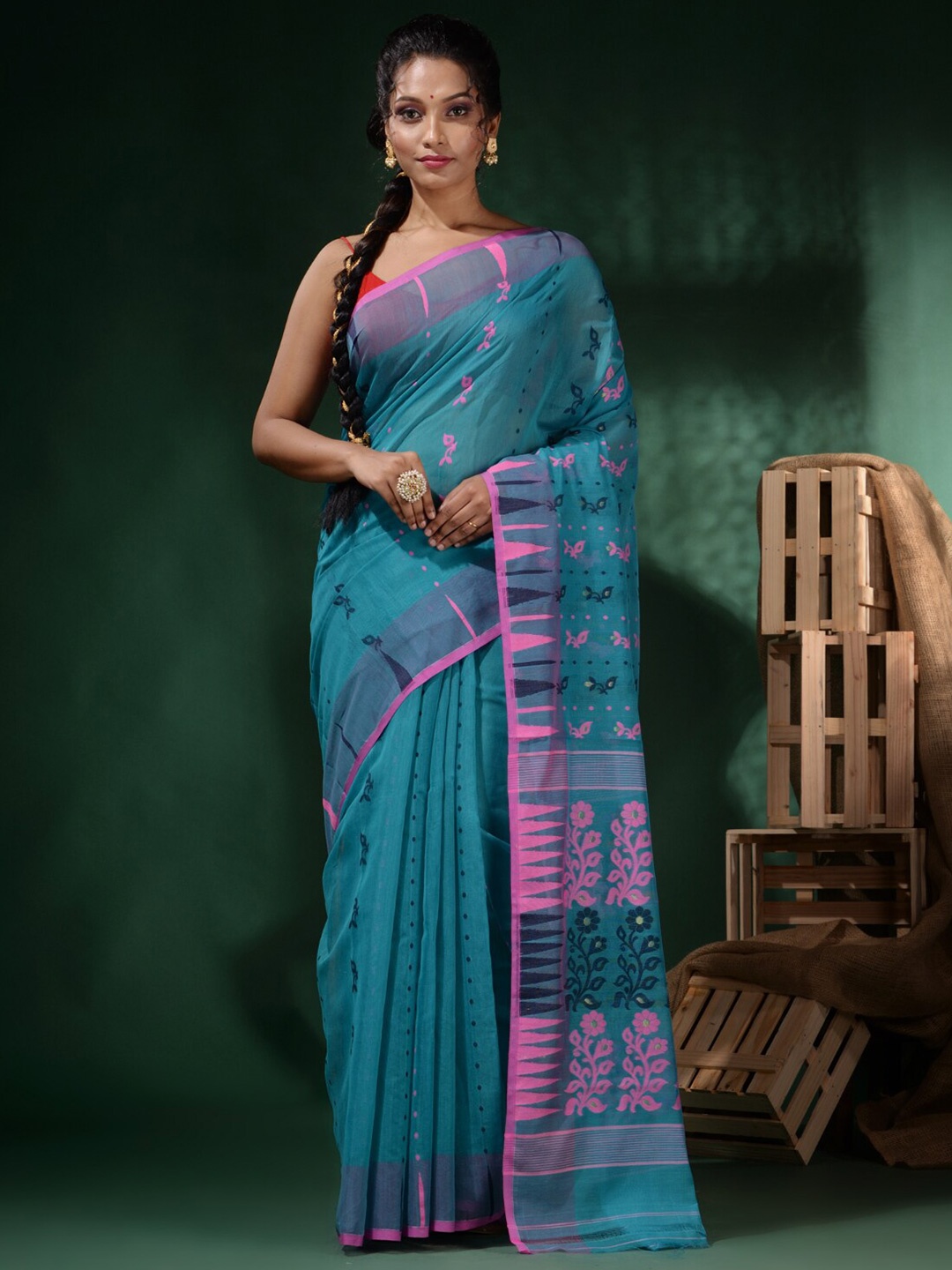 

Charukriti Floral Printed Pure Cotton Jamdani Saree, Sea green