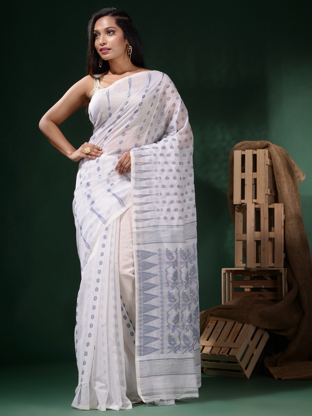 

Charukriti Ethnic Motifs Woven Design Zari Pure Cotton Jamdani Saree, White