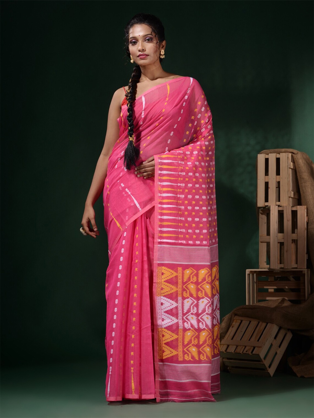 

Charukriti Ethnic Motifs Woven Design Zari Pure Cotton Jamdani Saree, Pink