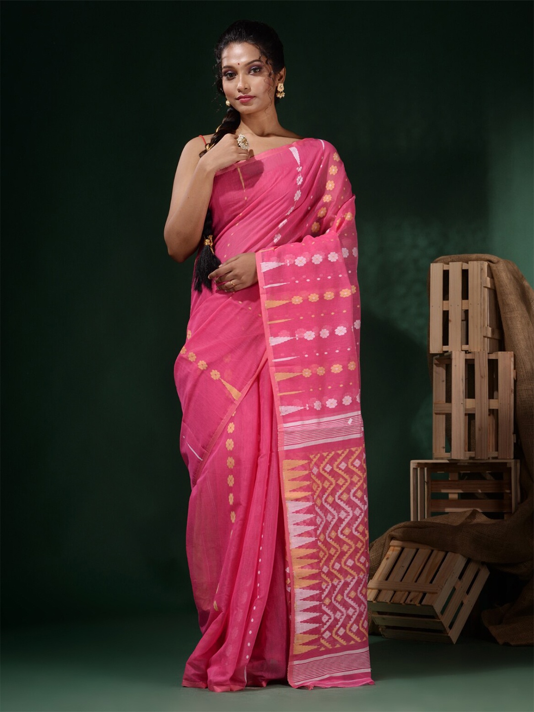 

Charukriti Ethnic Motifs Woven Design Pure Cotton Jamdani Saree, Pink