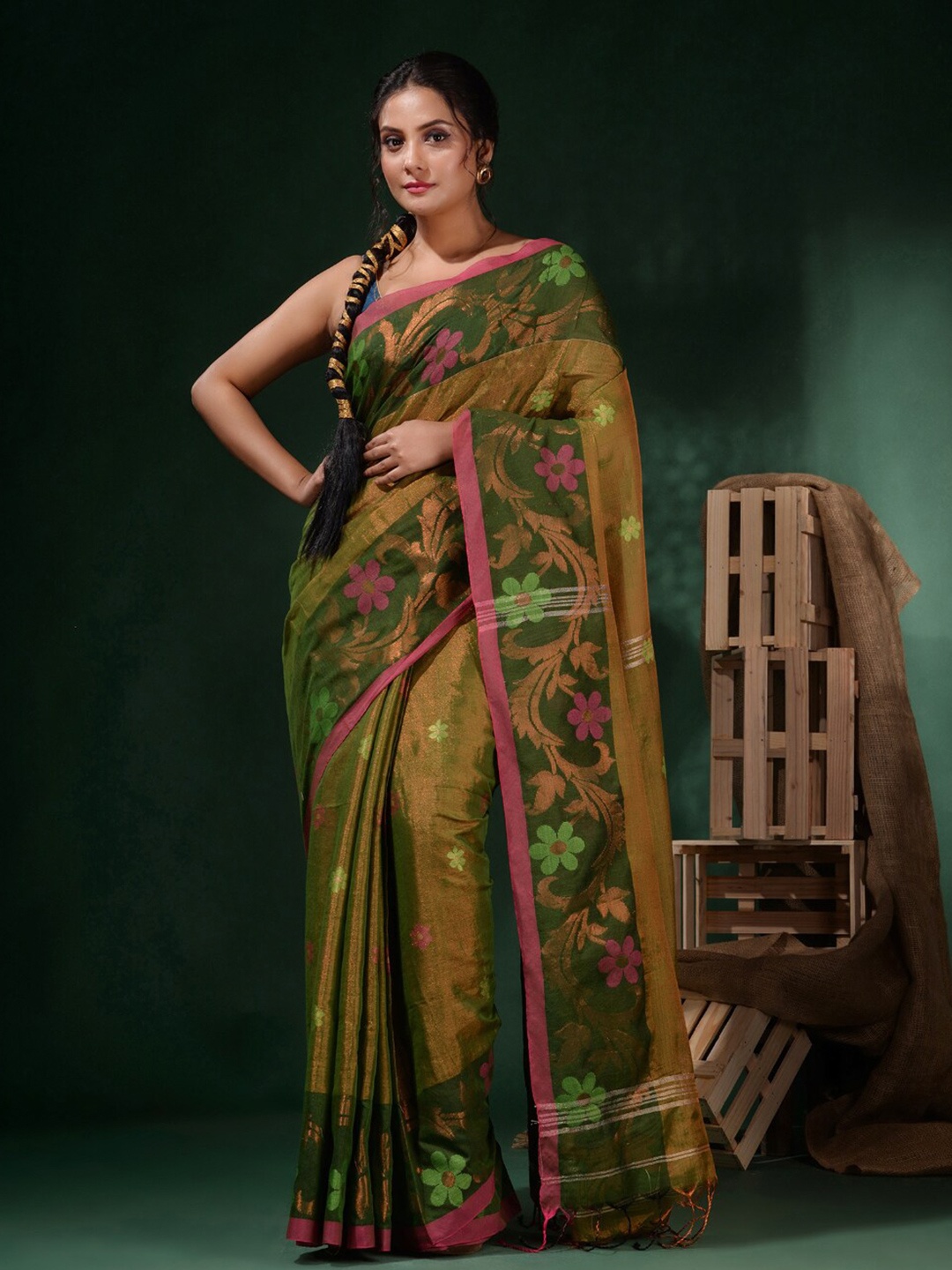 

Charukriti Floral Printed Tissue Saree, Olive