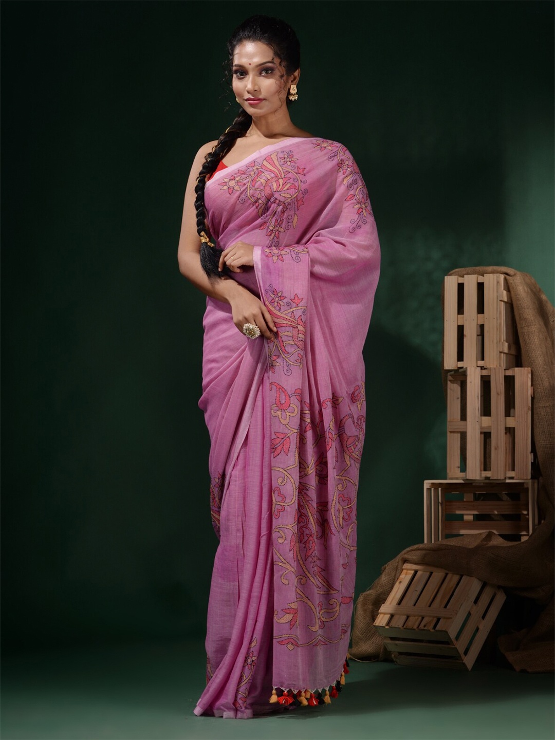 

Charukriti Ethnic Motifs Kantha Work Pure Cotton Saree, Violet