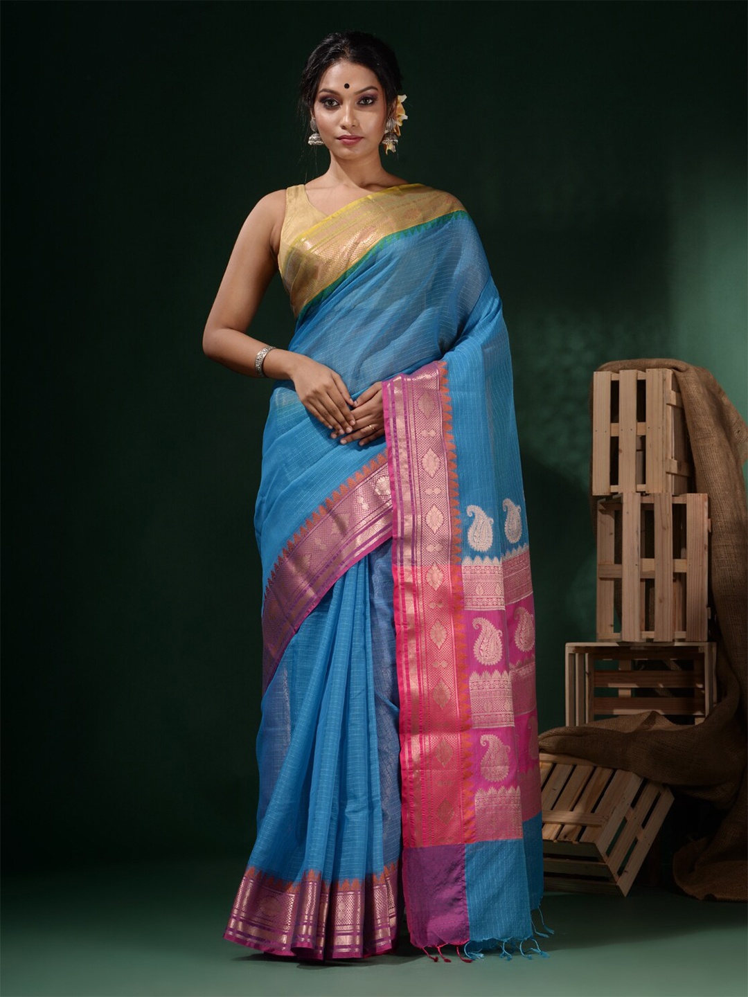 

Charukriti Tasseled Checked Kota Saree, Blue