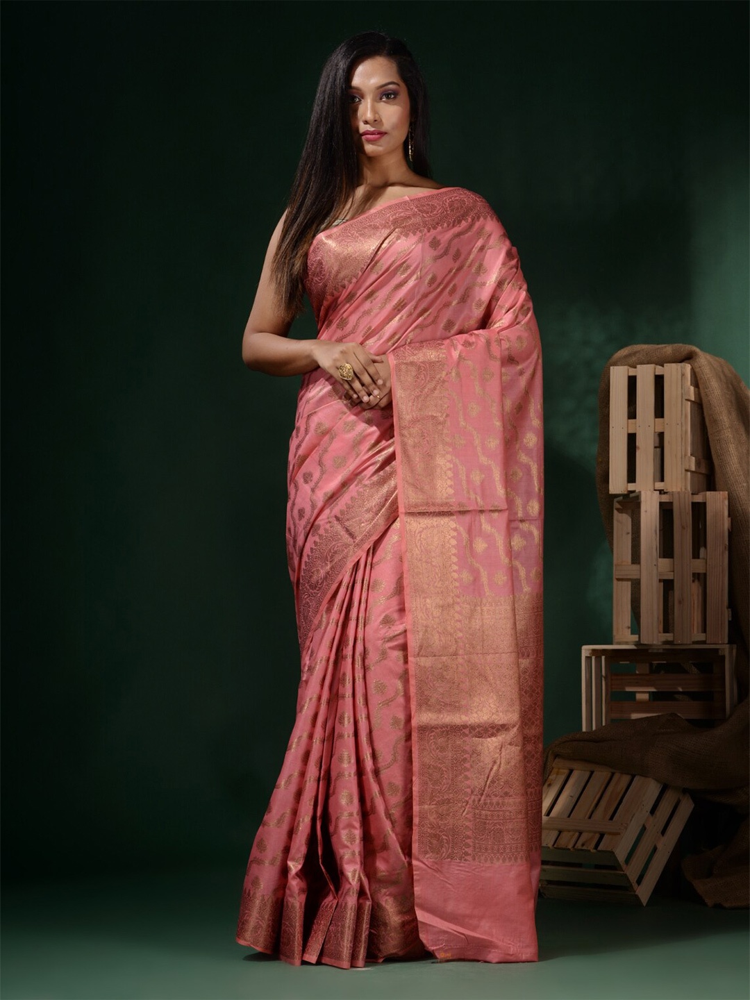 

Charukriti Ethnic Motifs Woven Design Zari Silk Blend Saree, Pink