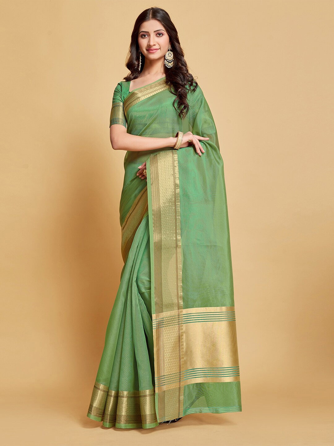 

Pisara Woven Border Zari Saree, Green