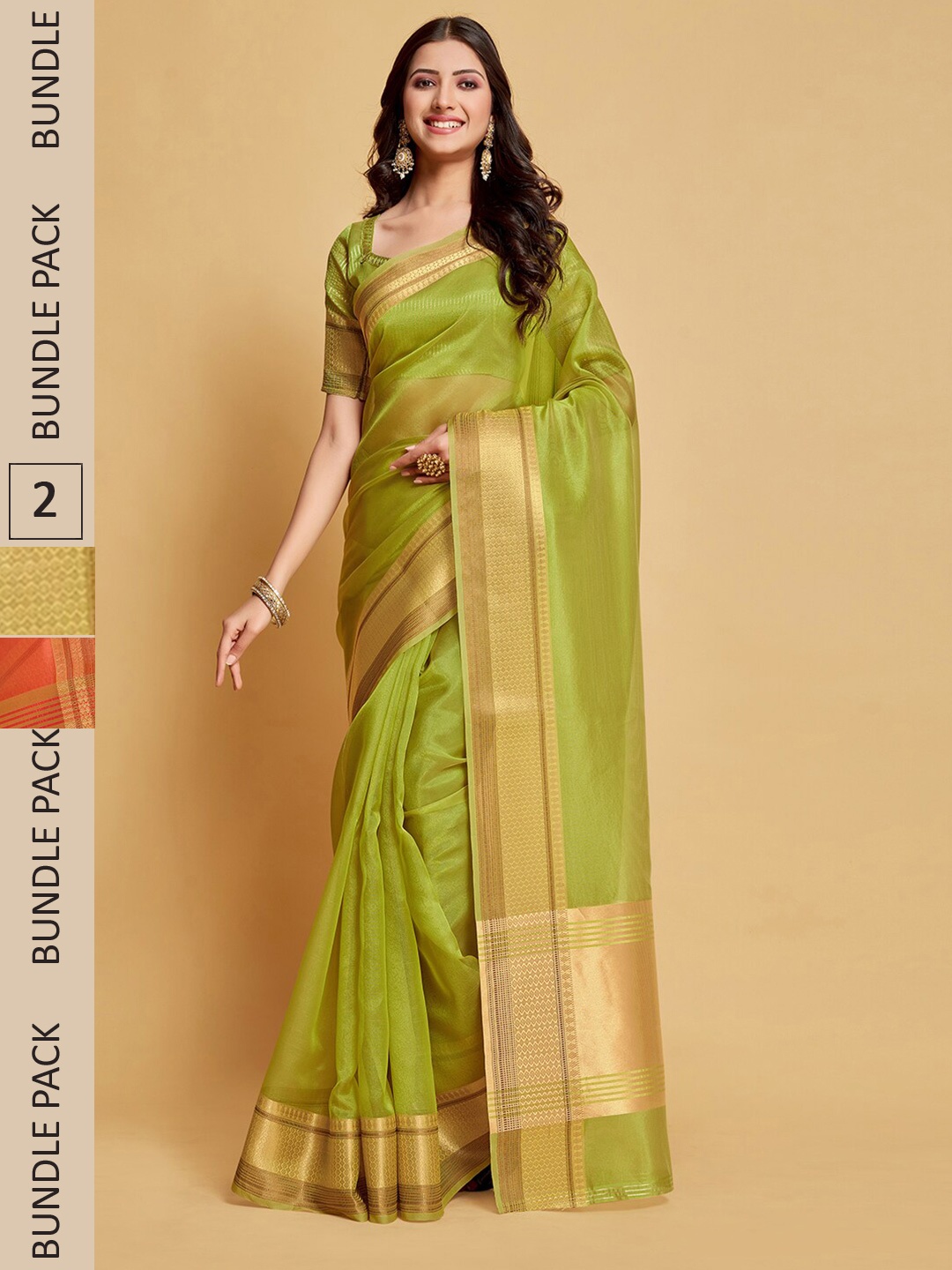 

Pisara A Selection Of 2 Zari Organza Sarees, Olive