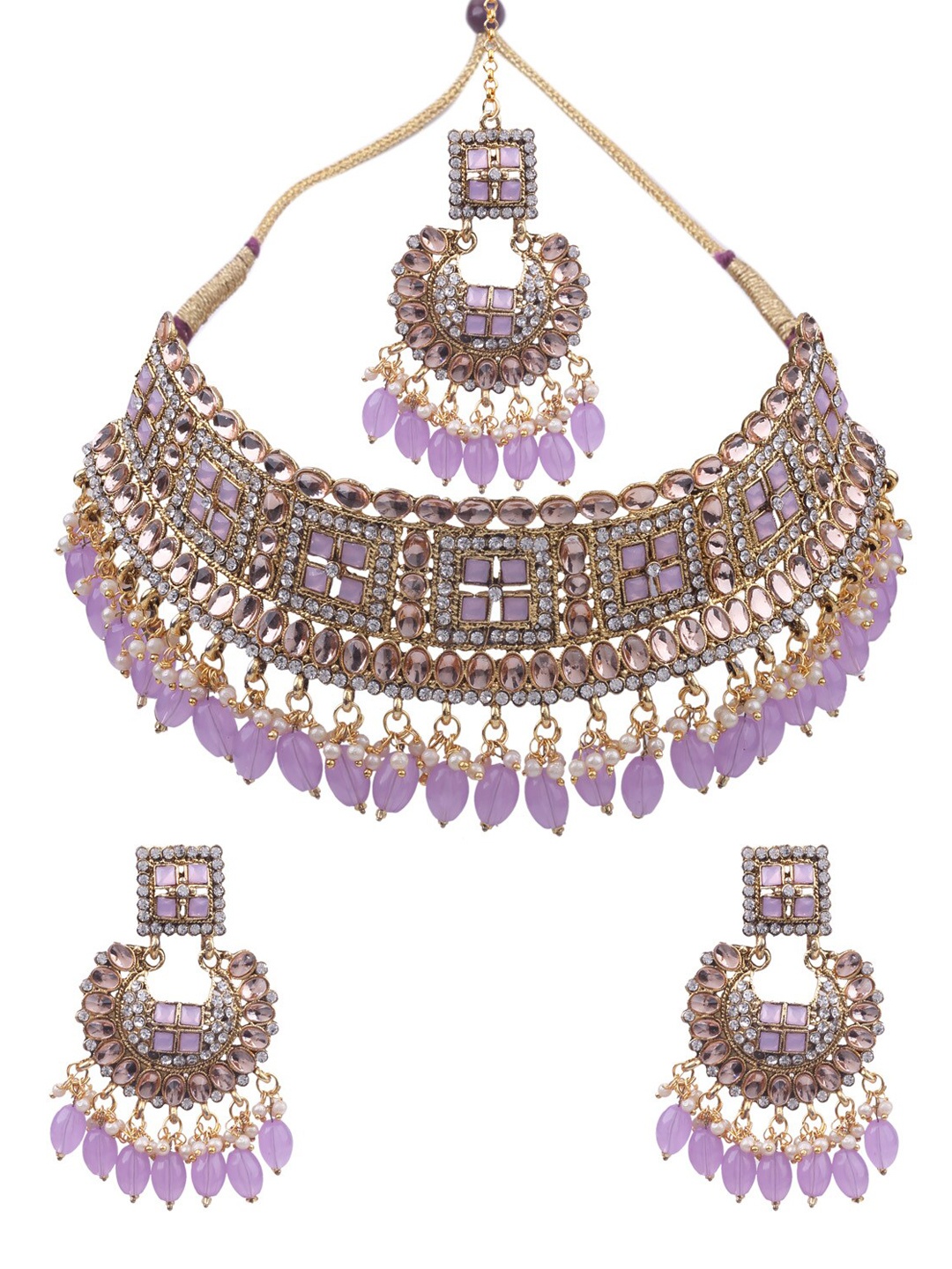 

AASHISH IMITATION Gold Plated Kundan Studded Necklace With Earrnings & Maang Tikka Set, Purple