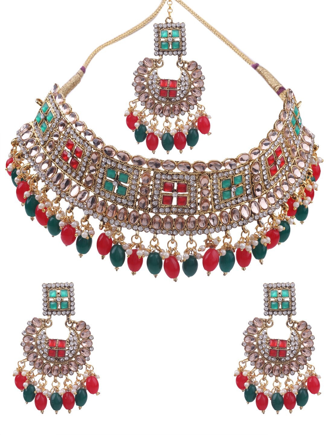 

AASHISH IMITATION Gold-Plated Stone-Studded Necklace With Earrnings & Maang Tikka Set