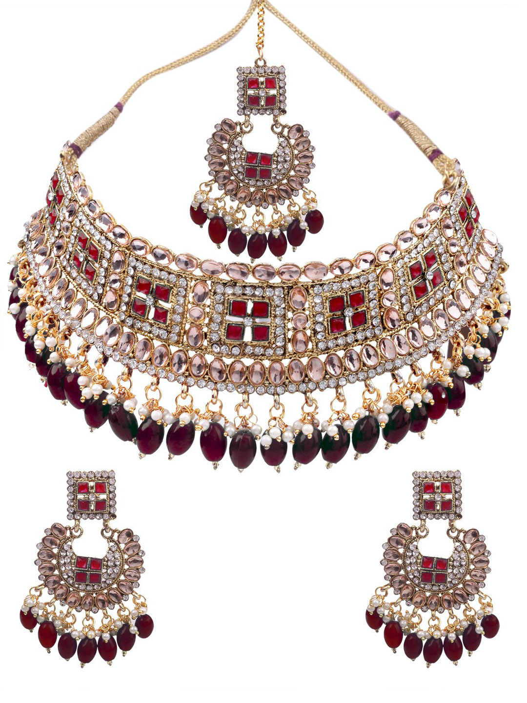 

AASHISH IMITATION Gold-Plated Stone-Studded Necklace With Earrnings & Maang Tikka Set