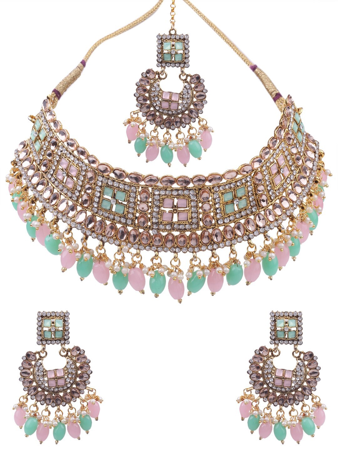 

AASHISH IMITATION Gold Plated Choker With Earrnings & Maang Tikka Set, Pink