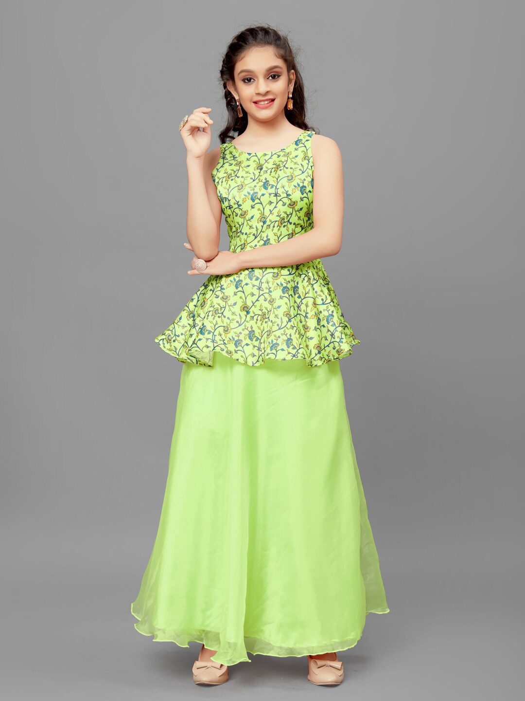 

FASHION DREAM Girls Floral Printed Ready to Wear Lehenga & Blouse, Green