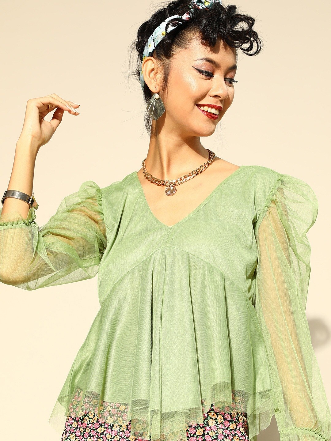 

BAESD V-Neck Puff Sleeves Empire Net Top, Green