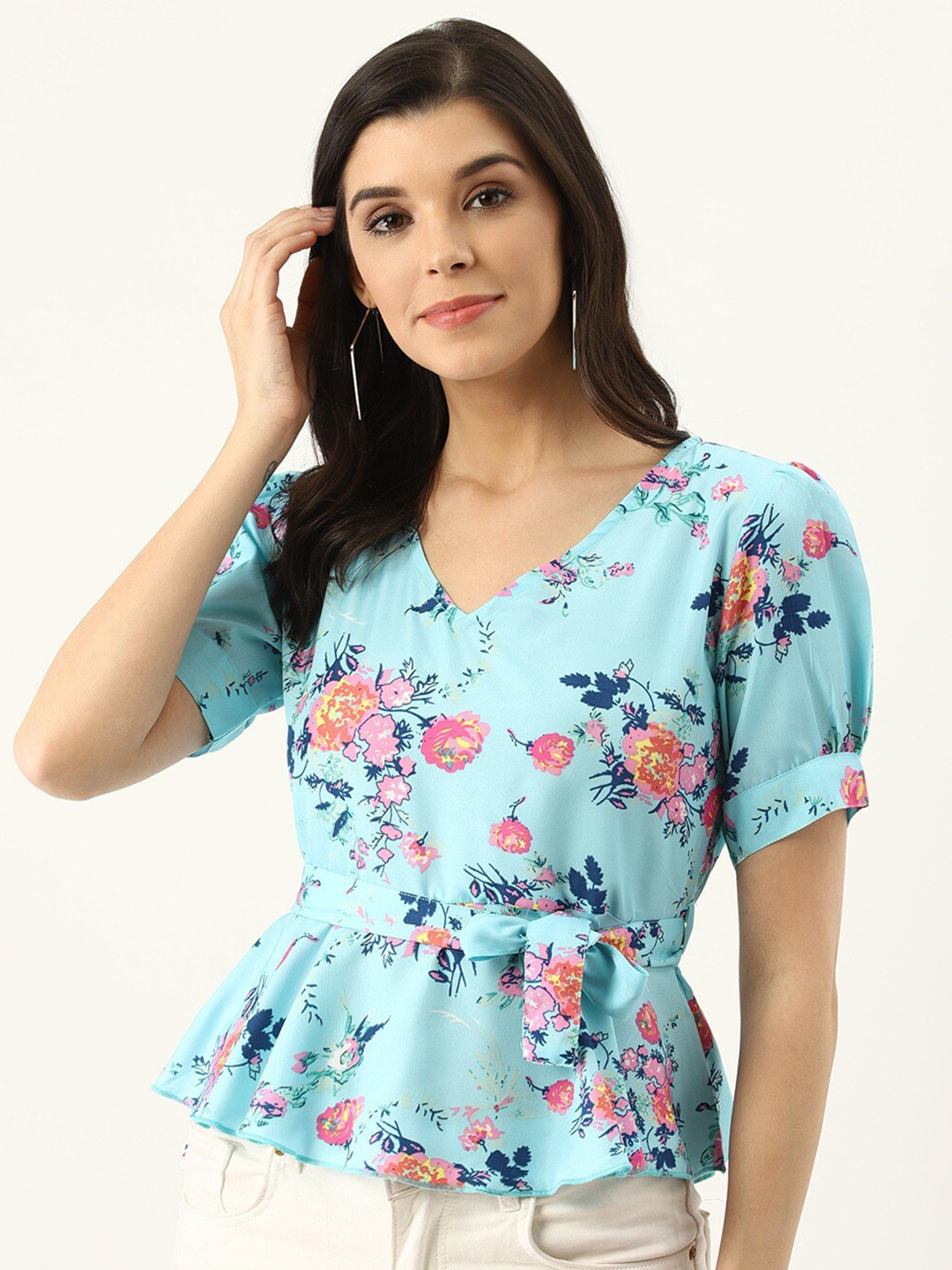 

BAESD Floral Printed Puff Sleeve Peplum Top, Turquoise blue