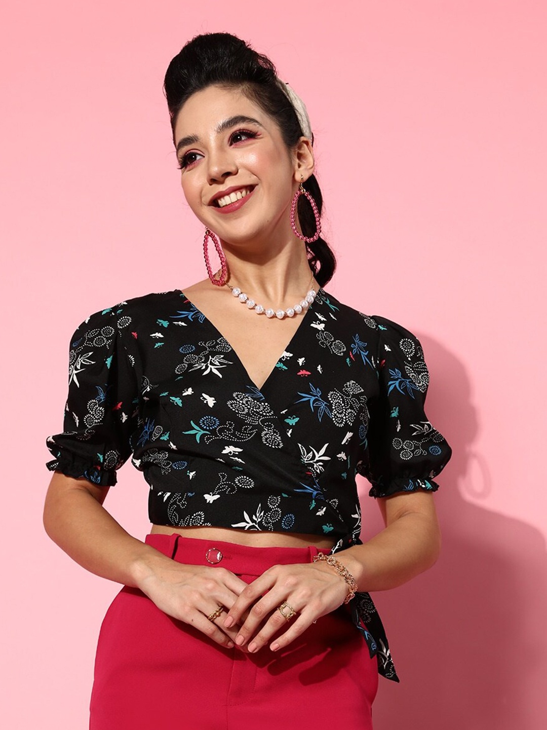 

BAESD Floral Printed Wrap Crop Top, Black