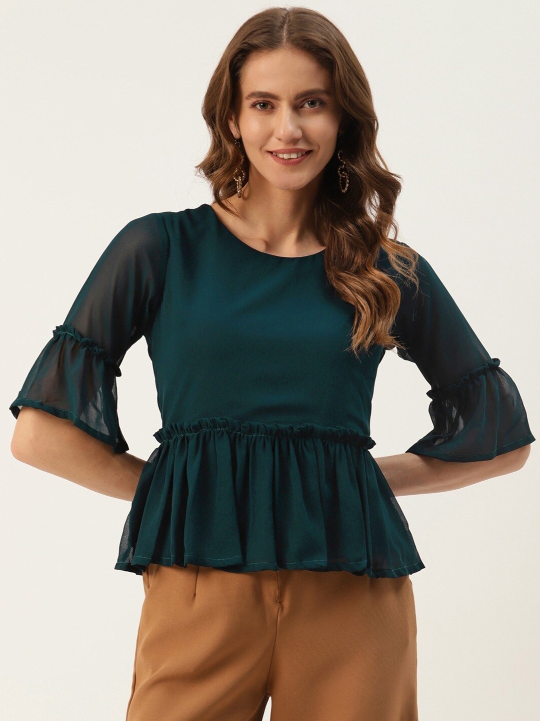

BAESD Bell Sleeve Georgette Peplum Top, Green
