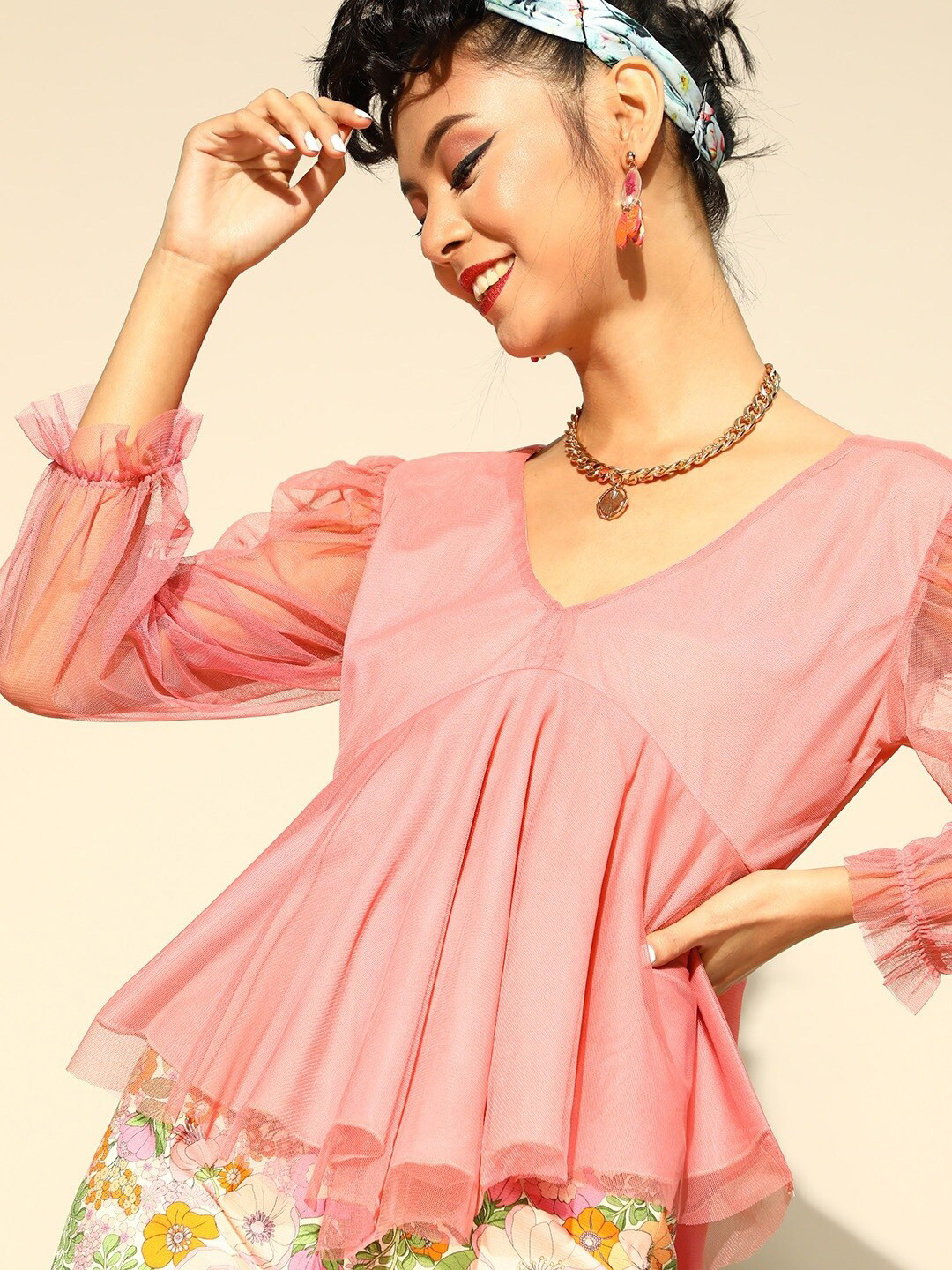 

BAESD Puff Sleeve Net High Low Top, Pink