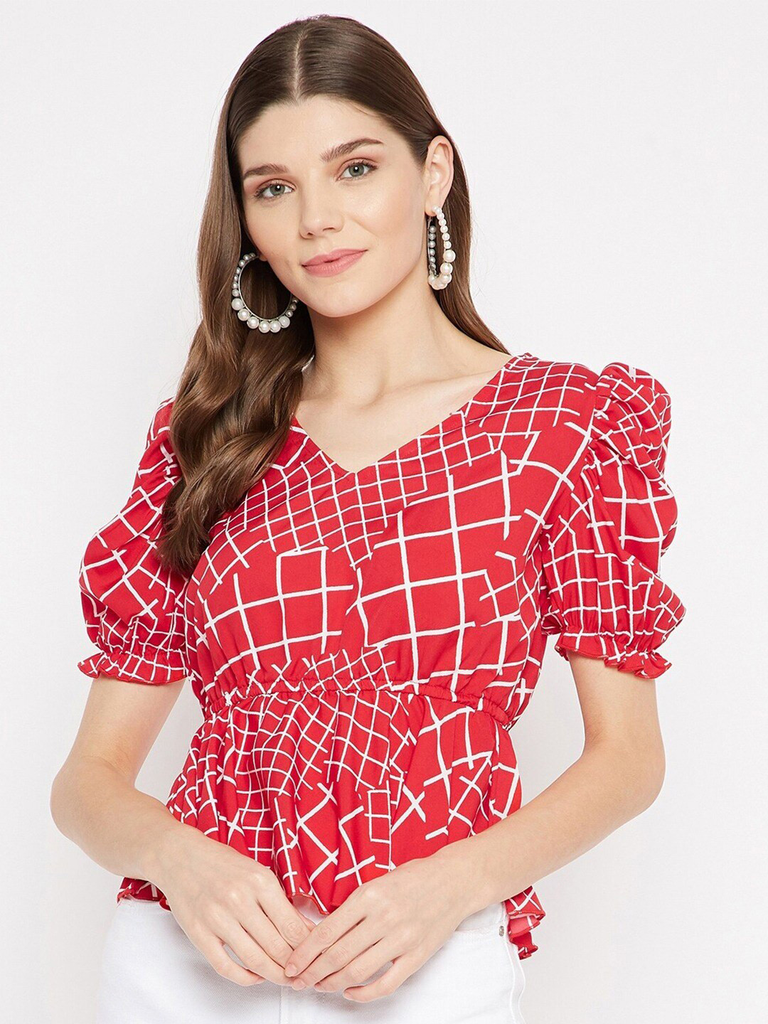 

BAESD Checked V-Neck Puff Sleeves Crepe Cinched Waist Top, Red