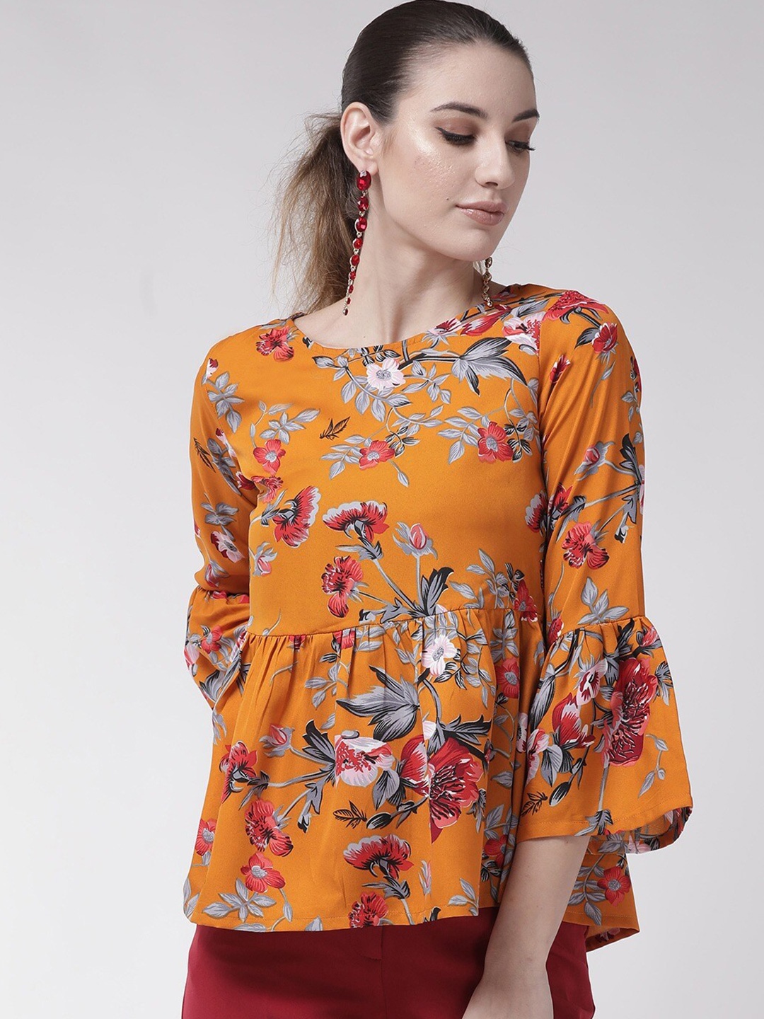 

BAESD Floral Printed Bell Sleeves Gathered Crepe A-Line Top, Orange